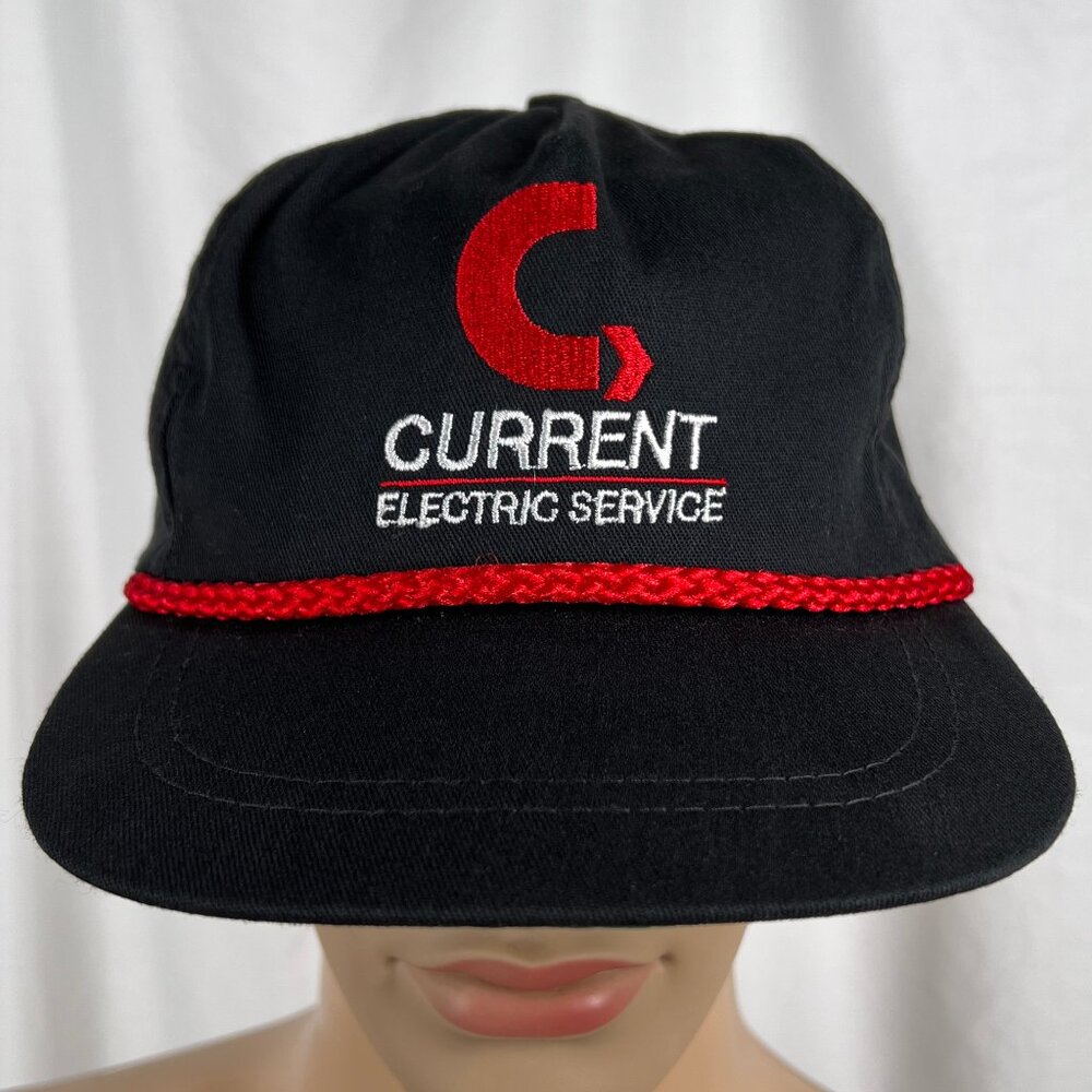 Vintage 90s Current Electric Service Adult OS Black Red Rope Strapback Hat Cap